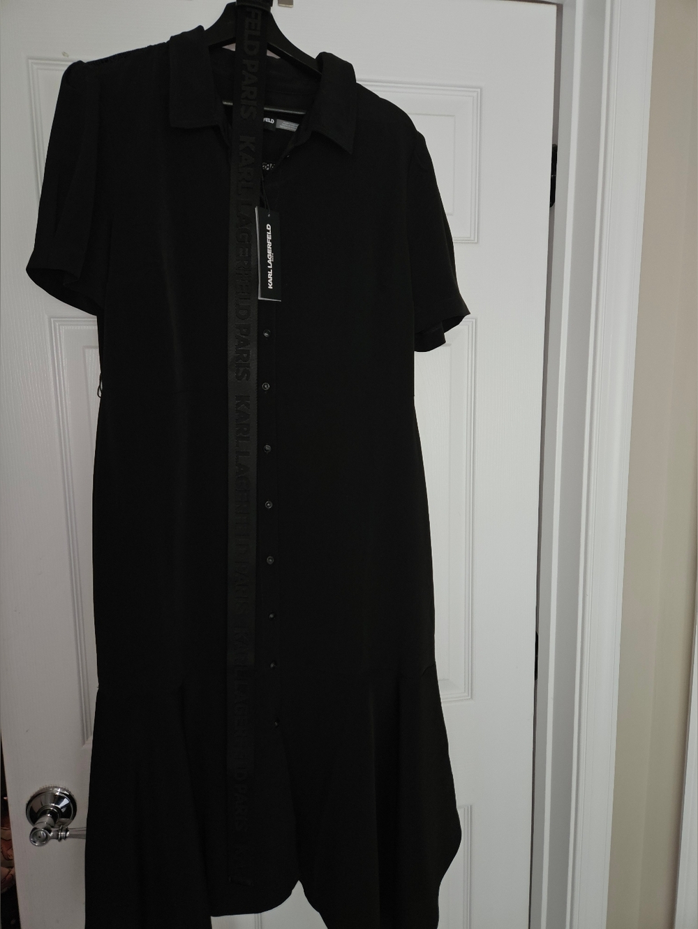 Karl Lagerfeld Black Midi Shirt Dress with Belt And Lace Logo Detail Size 12 Nwt